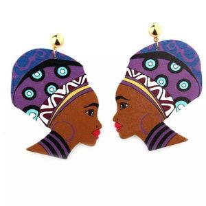 African Headwrap Wooden Painted Earrings